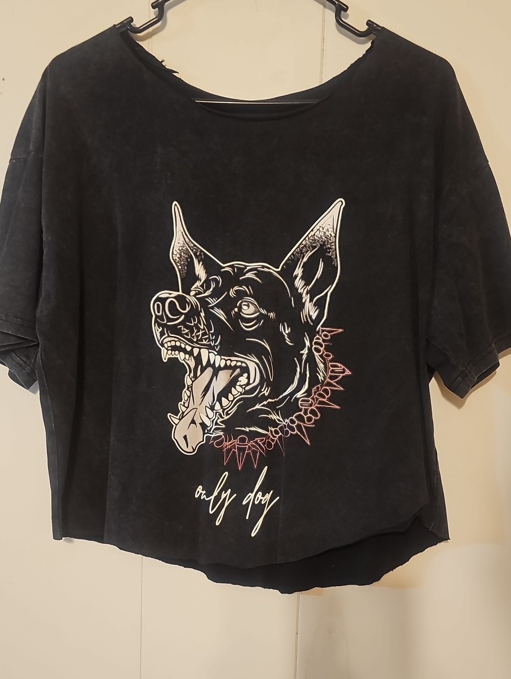 Black Graphic Crop Top with 'Only Dog' Illustration
